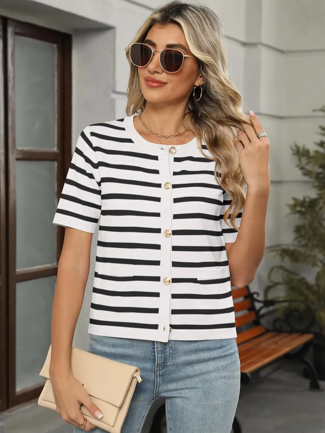 ANRABESS Women's Short Sleeve Cardigan Sweaters Summer Casual Crew Neck Knit Striped Button Down Cropped Dressy Blouses Tops