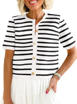 ANRABESS Women's Short Sleeve Cardigan Sweaters Summer Casual Crew Neck Knit Striped Button Down Cropped Dressy Blouses Tops