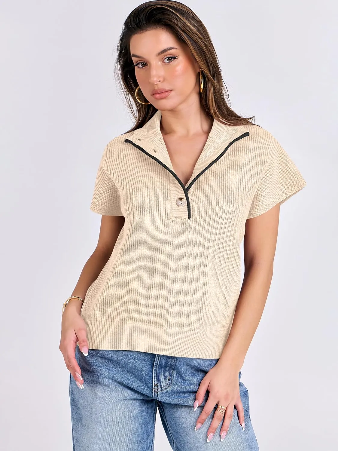 ANRABESS Womens Short Sleeve Sweaters V Neck Button Down Pullover Sweater Tops Loose Casual Knit 2025 Summer Outfits
