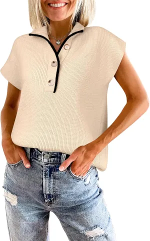 ANRABESS Womens Short Sleeve Sweaters V Neck Button Down Pullover Sweater Tops Loose Casual Knit 2025 Summer Outfits