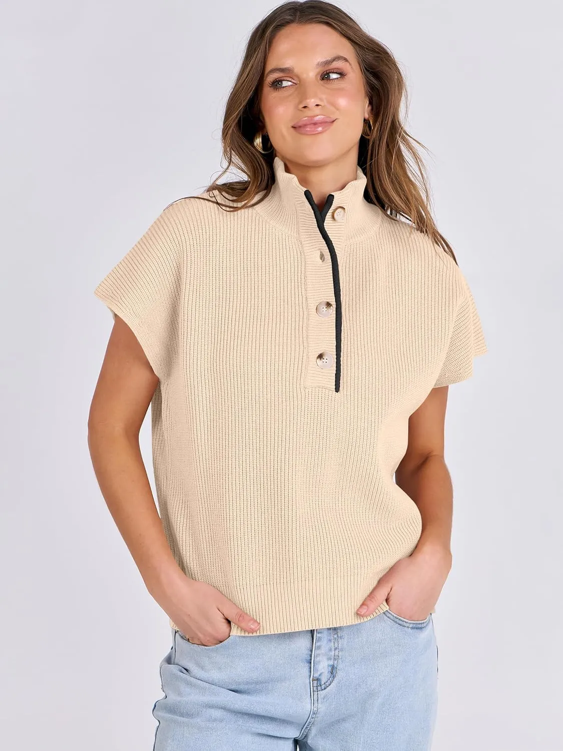ANRABESS Womens Short Sleeve Sweaters V Neck Button Down Pullover Sweater Tops Loose Casual Knit 2025 Summer Outfits