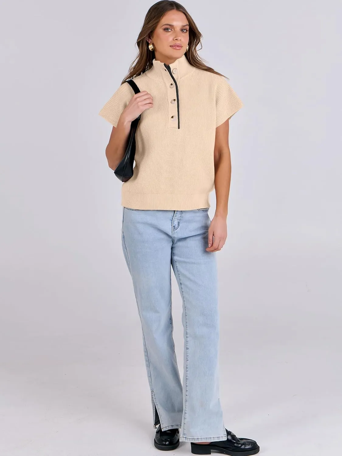 ANRABESS Womens Short Sleeve Sweaters V Neck Button Down Pullover Sweater Tops Loose Casual Knit 2025 Summer Outfits