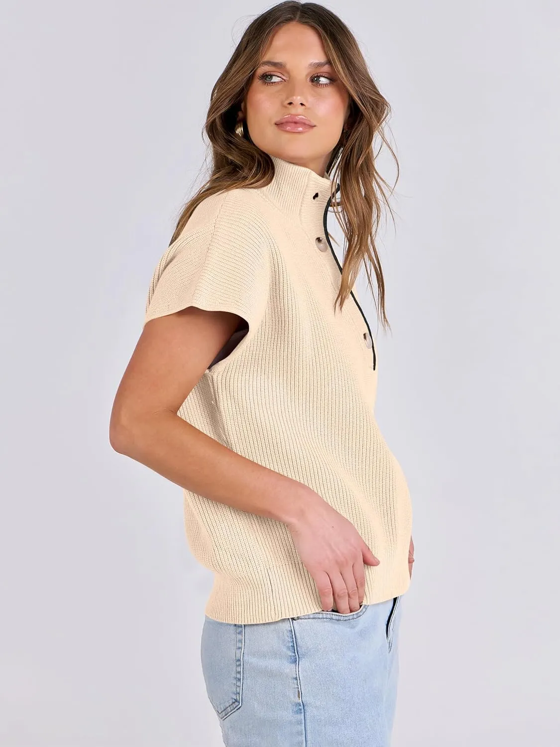 ANRABESS Womens Short Sleeve Sweaters V Neck Button Down Pullover Sweater Tops Loose Casual Knit 2025 Summer Outfits