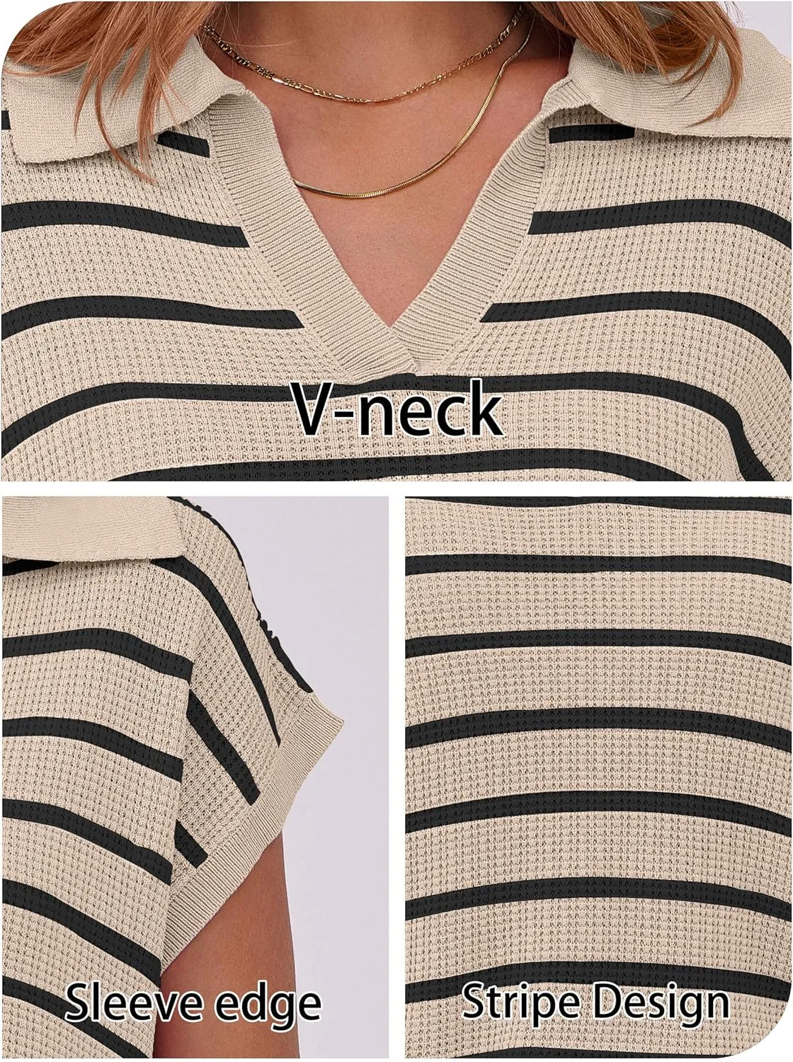 ANRABESS Womens Summer Cap Sleeve Sweater Vest Striped Polo V Neck Knit Tops Casual Trendy Loose Fit Sleeveless Sweaters