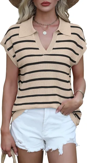 ANRABESS Womens Summer Cap Sleeve Sweater Vest Striped Polo V Neck Knit Tops Casual Trendy Loose Fit Sleeveless Sweaters