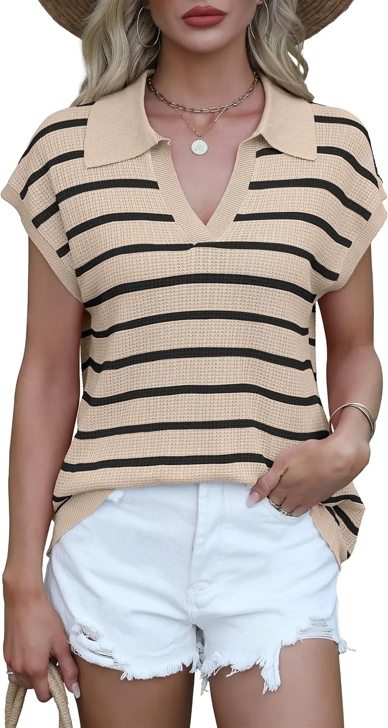 ANRABESS Womens Summer Cap Sleeve Sweater Vest Striped Polo V Neck Knit Tops Casual Trendy Loose Fit Sleeveless Sweaters
