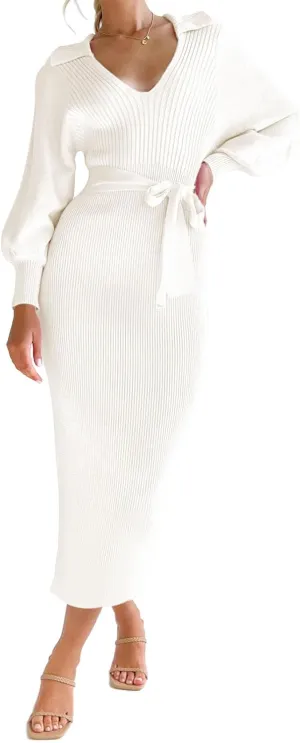 ARTFREE Women's Ribbed Sweater Wrap Dress Elegant Long Sleeve V Neck Knit Bodycon Maxi Dresses with Belt