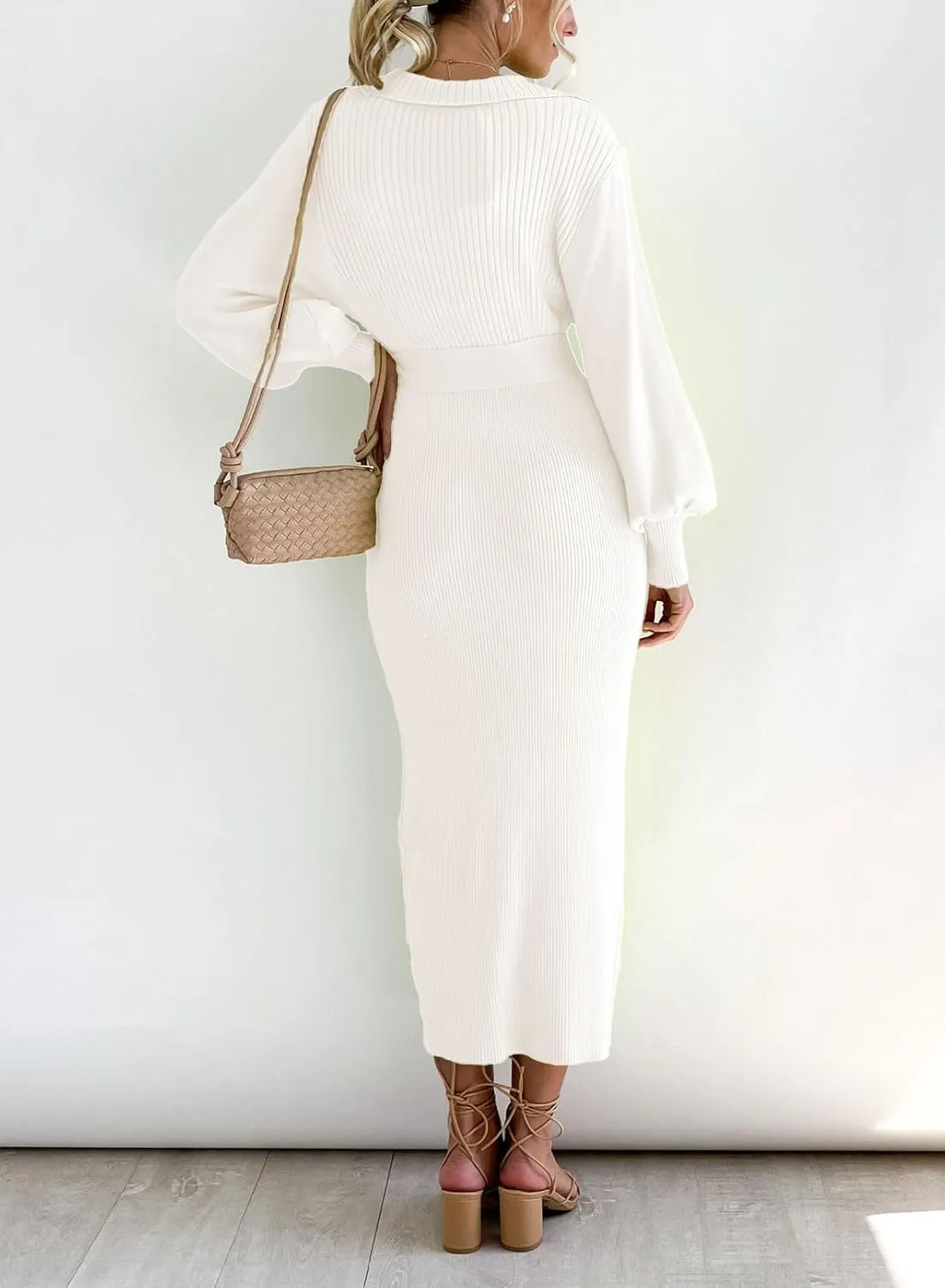 ARTFREE Women's Ribbed Sweater Wrap Dress Elegant Long Sleeve V Neck Knit Bodycon Maxi Dresses with Belt