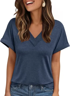 AUTOMET Womens Tops Short Sleeve T Shirt Summer V Neck Casual Top 2025 Spring Cute Basic Trendy Outfits Fashion