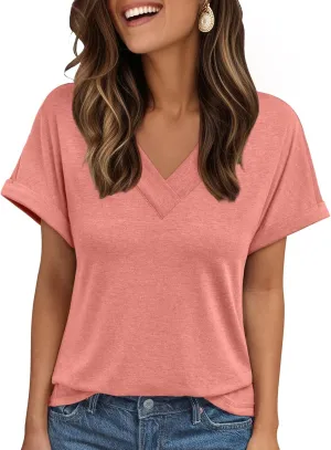 AUTOMET Womens Tops Short Sleeve T Shirt Summer V Neck Casual Top 2025 Spring Cute Basic Trendy Outfits Fashion