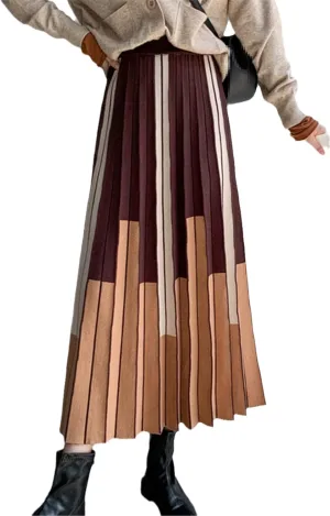 Autumn Winter Women Knitted Midi Skirt Vintage Contrast Striped A Line High Waist Pleated Long Skirt