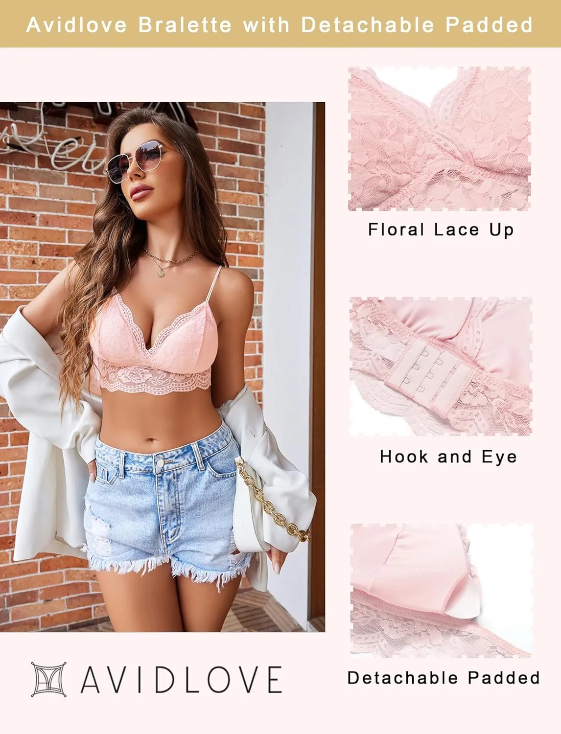 Avidlove Lace Bralette for Women V Neck Tank Top Spaghetti Strap Tube Slim Camisole Lingerie with Detachable Padded