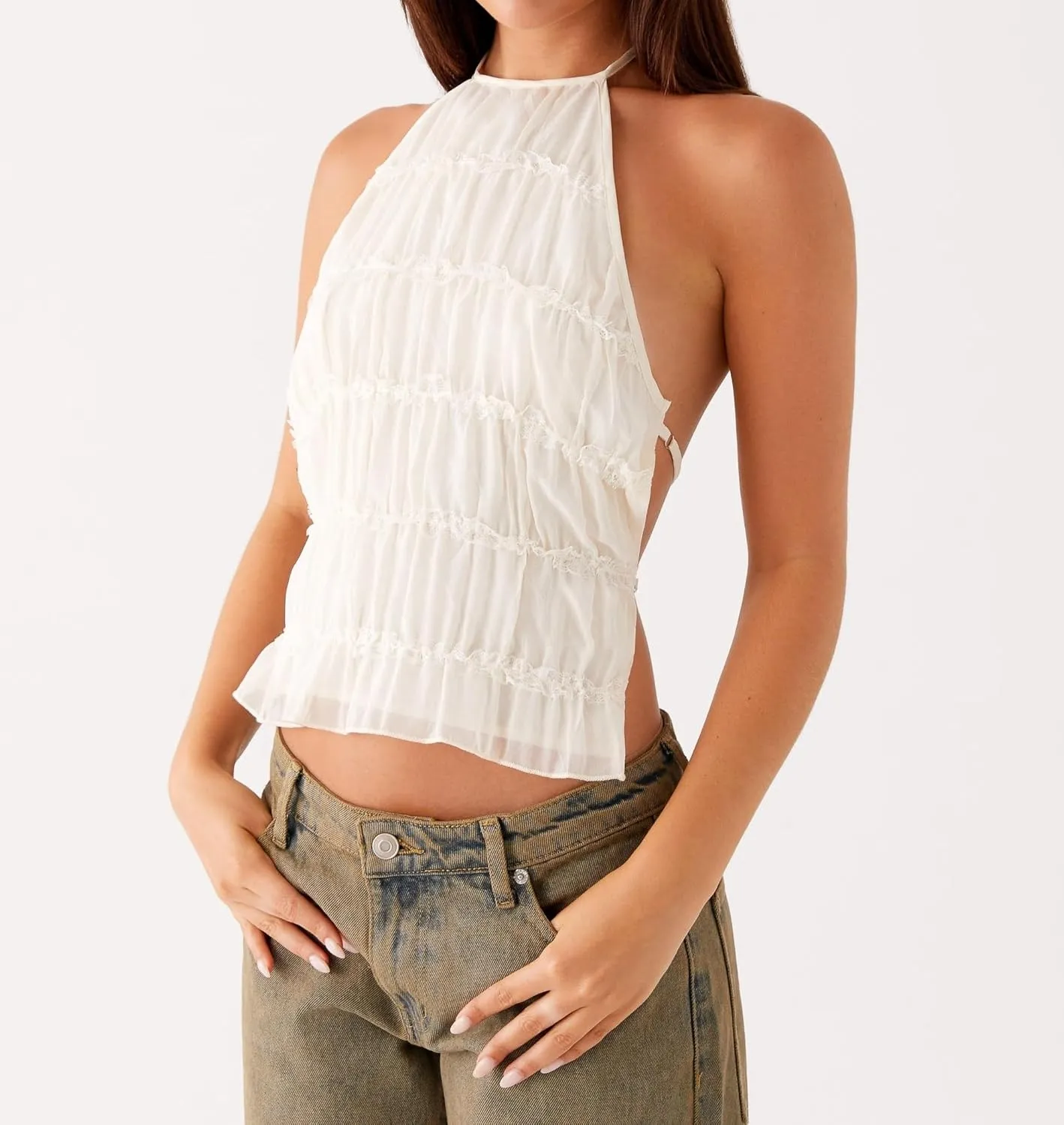 Backless Halter Tops for Women Y2k Tie Back Ruffle Cami Top Sleeveless Smocked Going Out Tank Vest