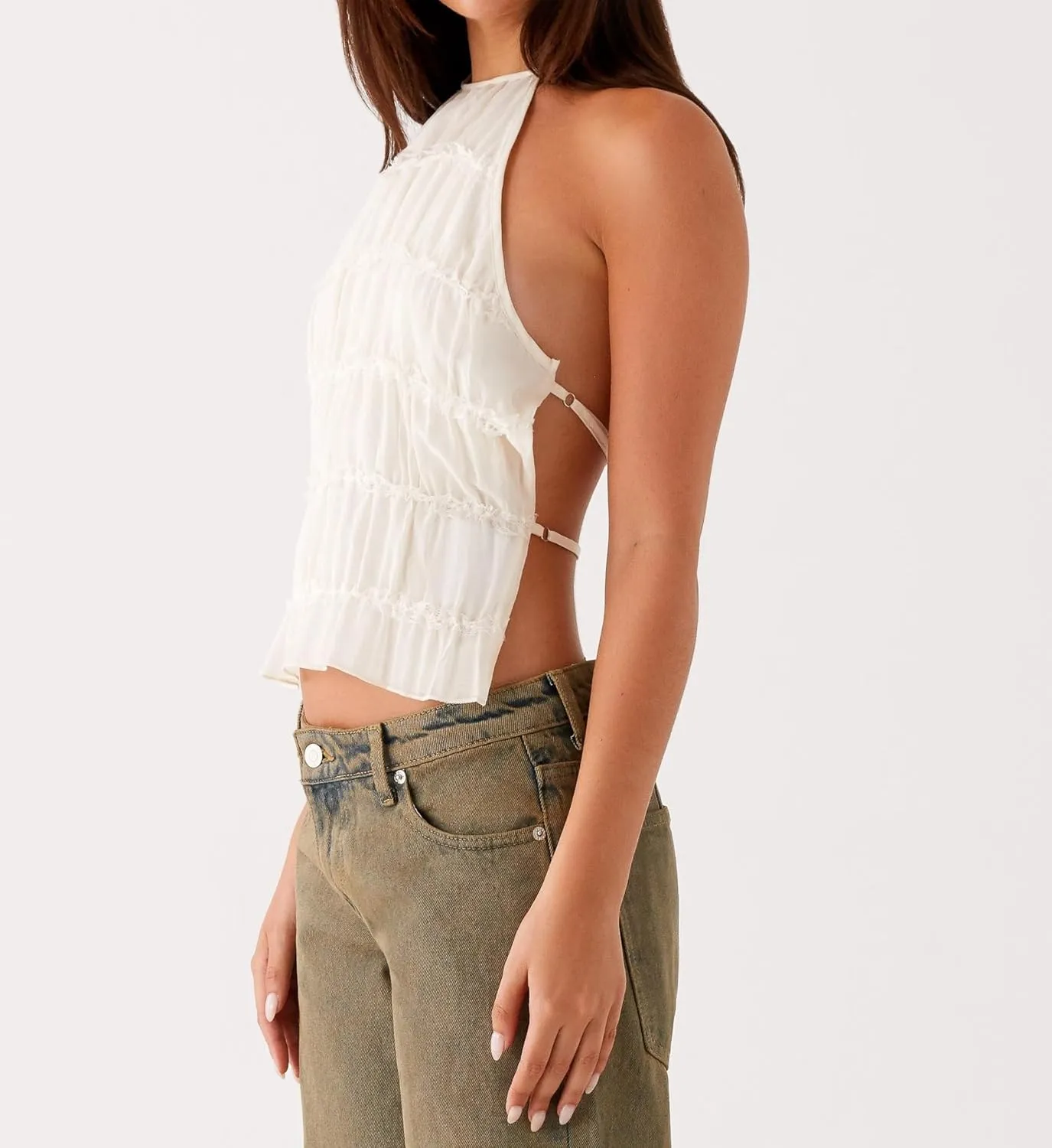 Backless Halter Tops for Women Y2k Tie Back Ruffle Cami Top Sleeveless Smocked Going Out Tank Vest