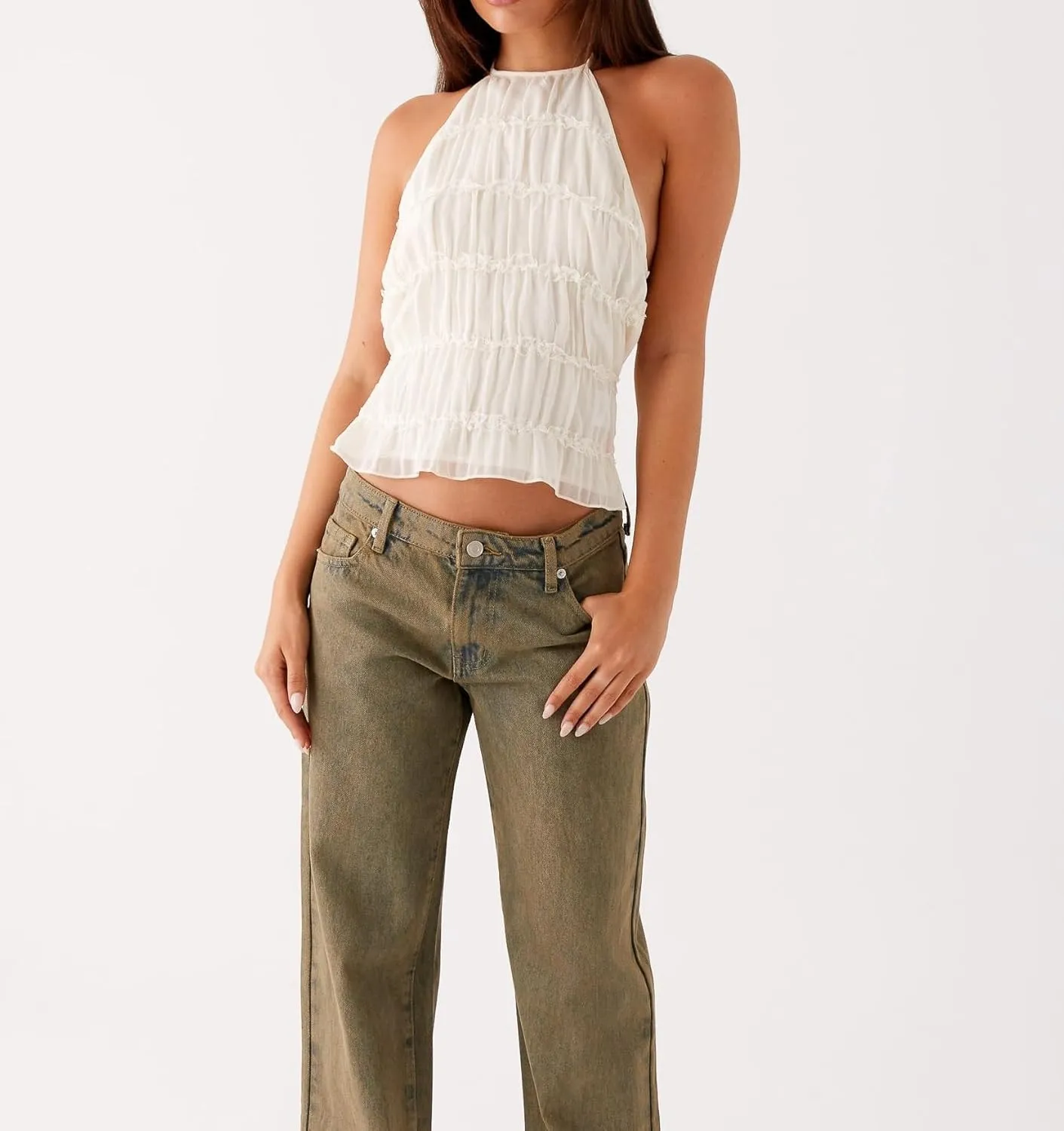 Backless Halter Tops for Women Y2k Tie Back Ruffle Cami Top Sleeveless Smocked Going Out Tank Vest