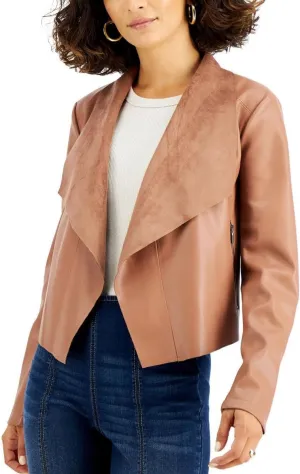 Bar III Womens Petites Drapey Faux Leather Motorcycle Jacket