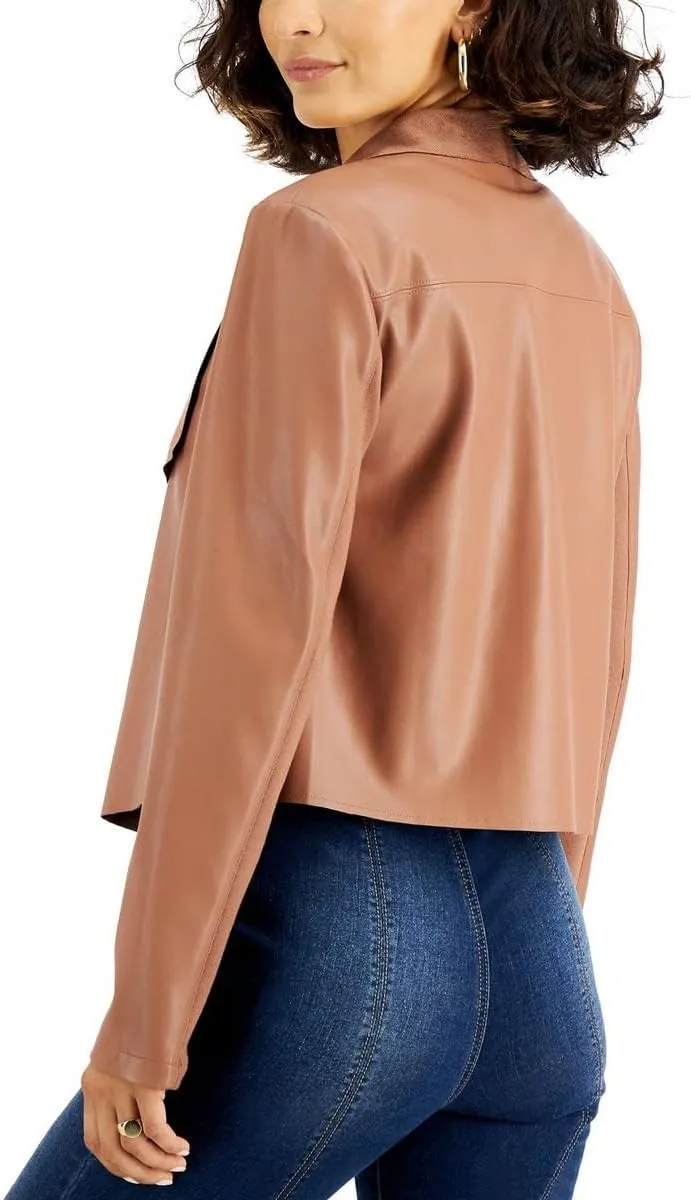 Bar III Womens Petites Drapey Faux Leather Motorcycle Jacket