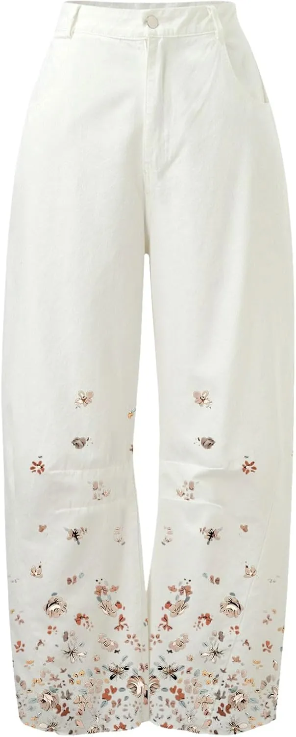 Barrel Jeans Women Mid Rise Wide Leg Baggy Boyfriend Jeans for Women Y2k Floral Print Loose Denim Pants with Pockets