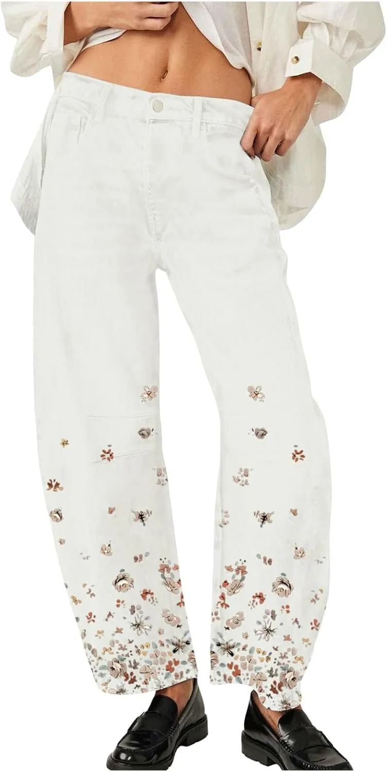 Barrel Jeans Women Mid Rise Wide Leg Baggy Boyfriend Jeans for Women Y2k Floral Print Loose Denim Pants with Pockets