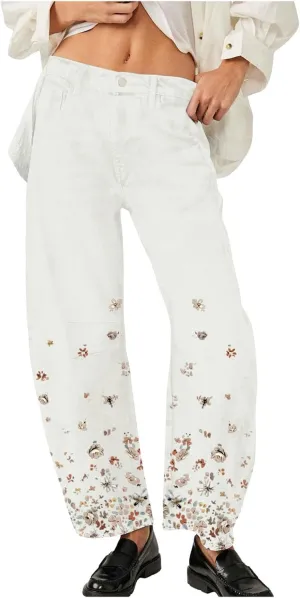 Barrel Jeans Women Mid Rise Wide Leg Baggy Boyfriend Jeans for Women Y2k Floral Print Loose Denim Pants with Pockets