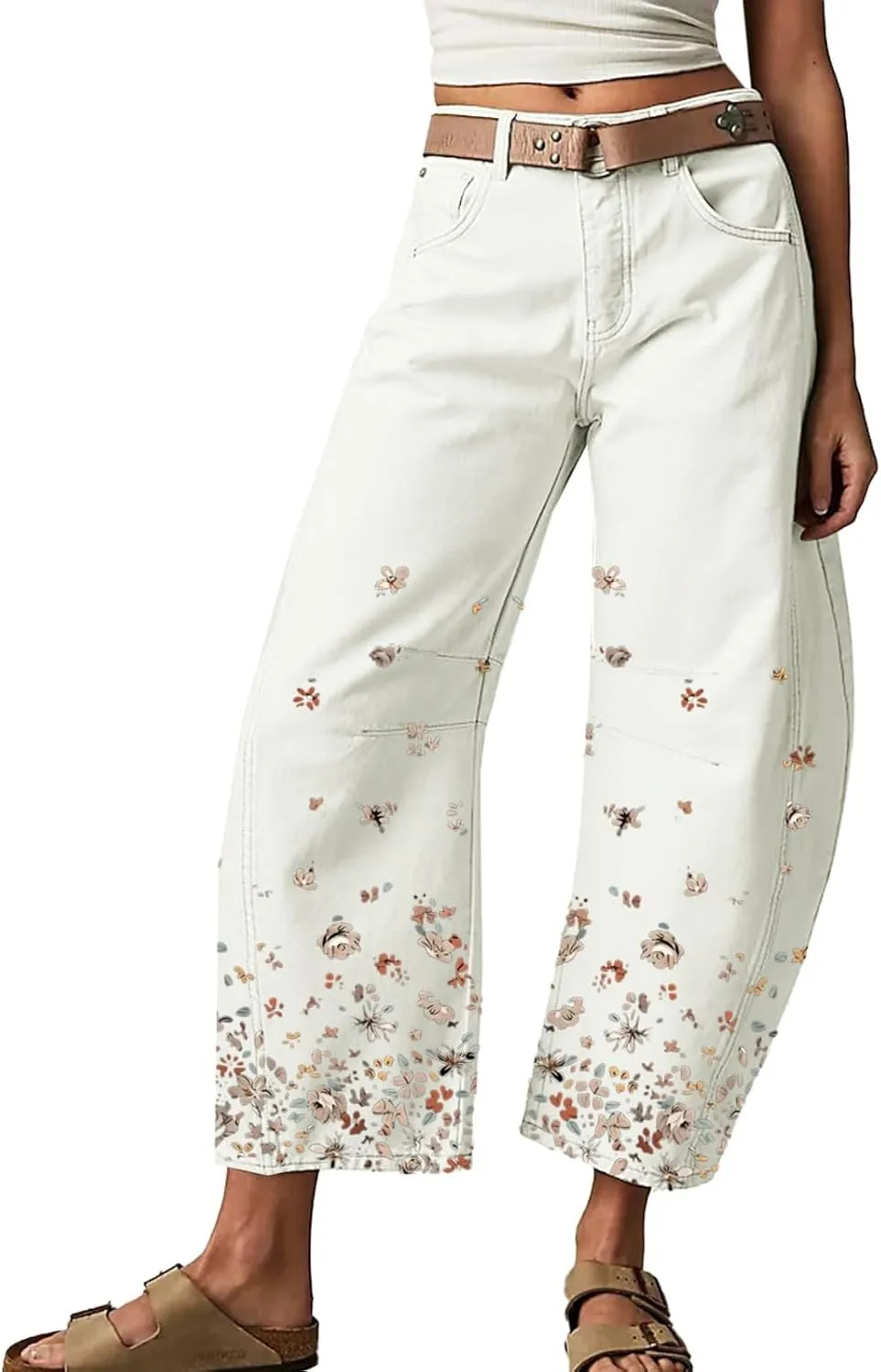 Barrel Jeans Women Mid Rise Wide Leg Baggy Boyfriend Jeans for Women Y2k Floral Print Loose Denim Pants with Pockets