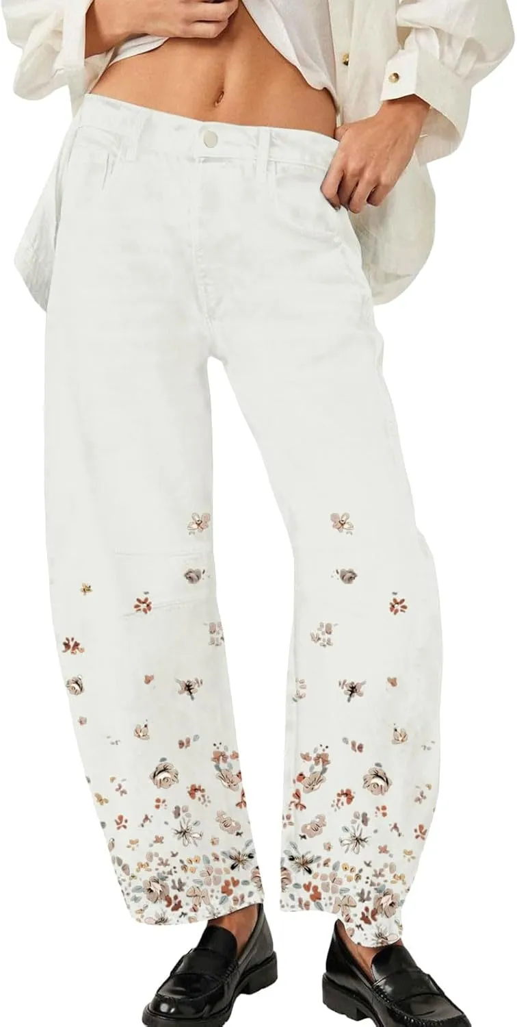 Barrel Jeans Women Mid Rise Wide Leg Baggy Boyfriend Jeans for Women Y2k Floral Print Loose Denim Pants with Pockets