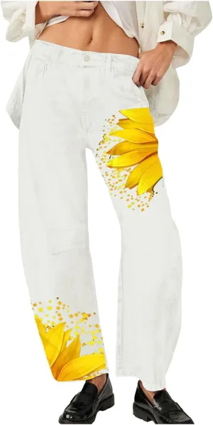 Barrel Jeans Women Mid Rise Wide Leg Baggy Boyfriend Jeans for Women Y2k Floral Print Loose Denim Pants with Pockets