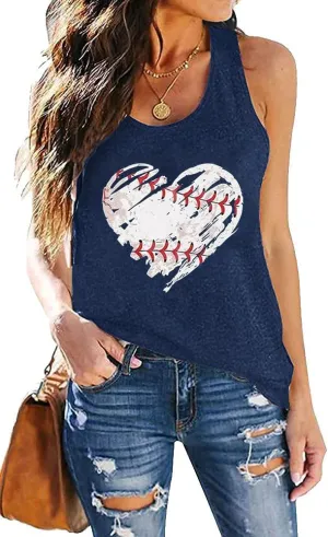Baseball Shirt Women Baseball Tank Tops Baseball Heart Graphic Shirts Baseball Sleeveless Casual Baseball Game Vest Tops