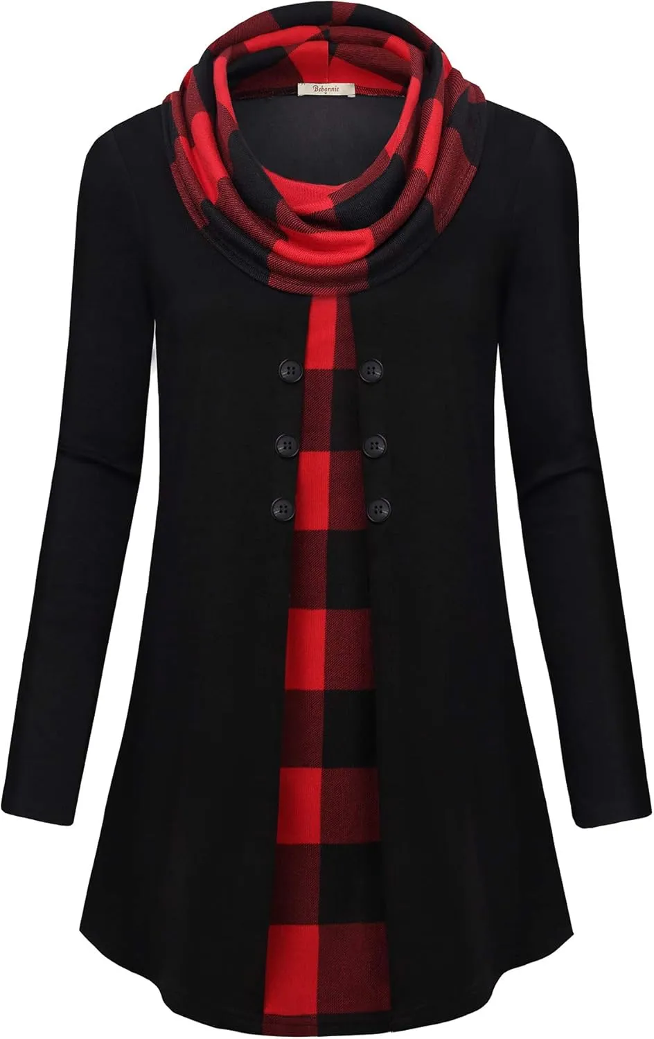 Bebonnie Womens Long Sleeve Cowl Neck Warm Splicing Tunic Tops with Buttons