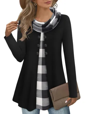 Bebonnie Womens Long Sleeve Cowl Neck Warm Splicing Tunic Tops with Buttons