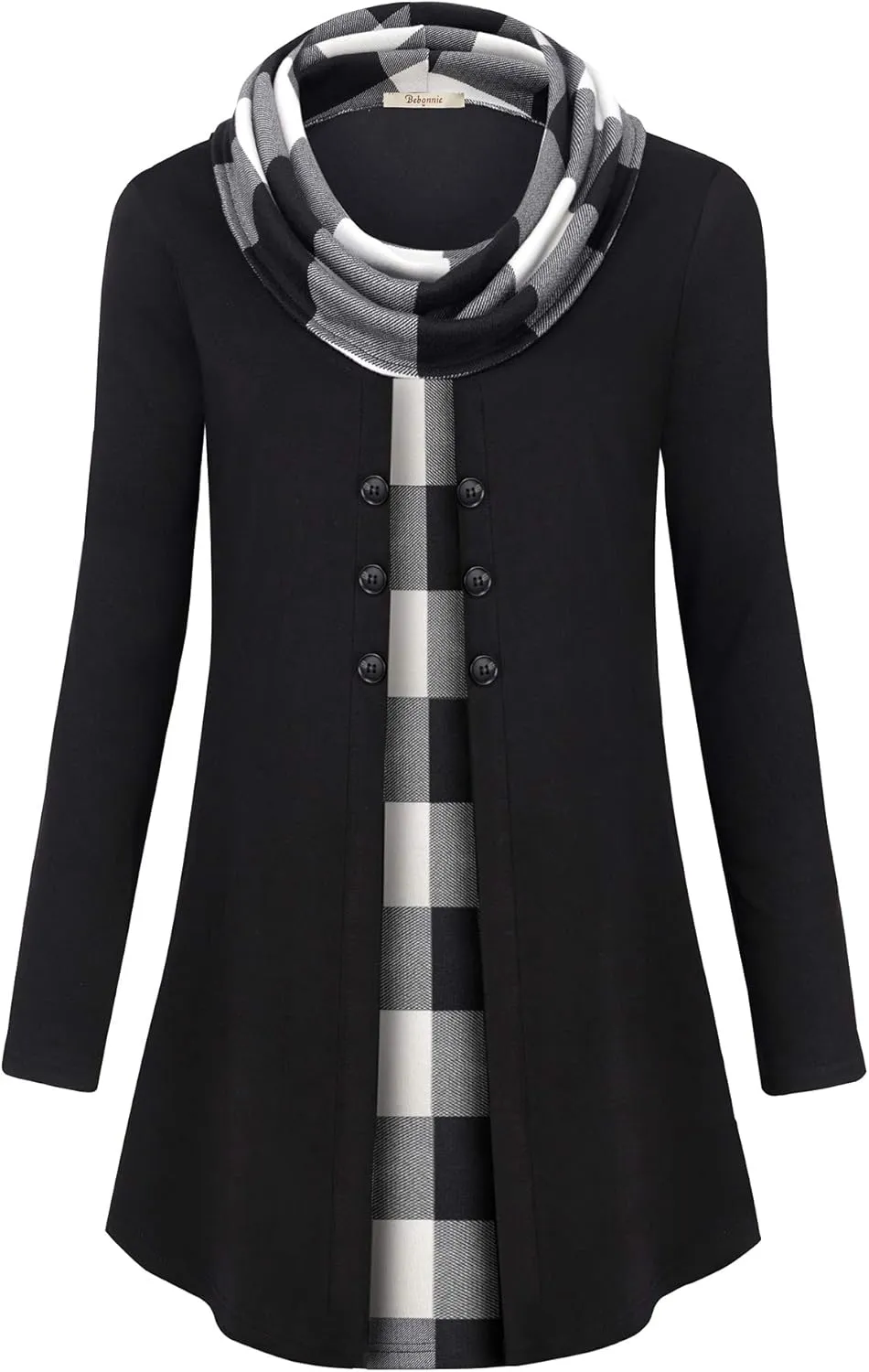 Bebonnie Womens Long Sleeve Cowl Neck Warm Splicing Tunic Tops with Buttons