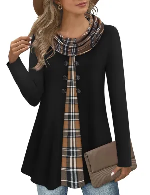 Bebonnie Womens Long Sleeve Cowl Neck Warm Splicing Tunic Tops with Buttons
