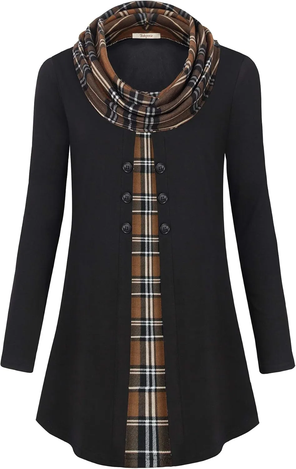 Bebonnie Womens Long Sleeve Cowl Neck Warm Splicing Tunic Tops with Buttons