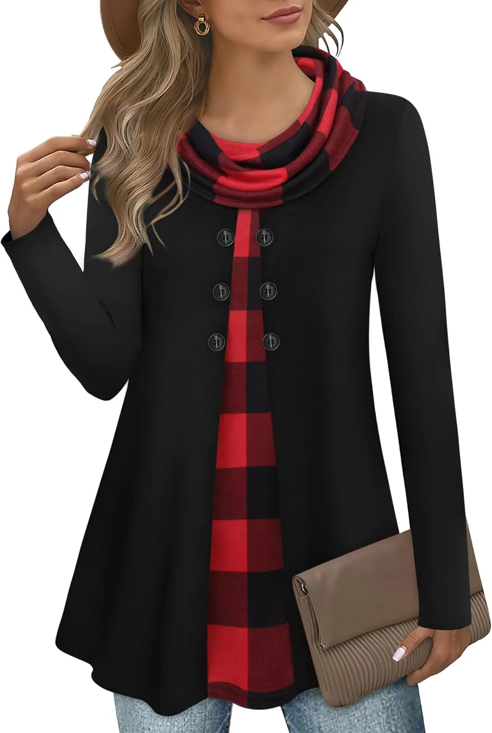 Bebonnie Womens Long Sleeve Cowl Neck Warm Splicing Tunic Tops with Buttons