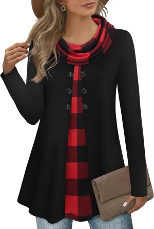 Bebonnie Womens Long Sleeve Cowl Neck Warm Splicing Tunic Tops with Buttons