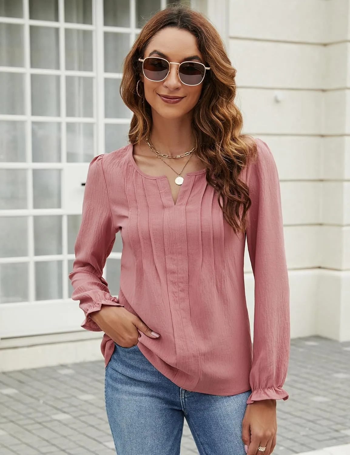 Blooming Jelly Womens Tops Dressy Casual Long Sleeve Shirts V Neck Chiffon Blouses Fall Clothes 2024