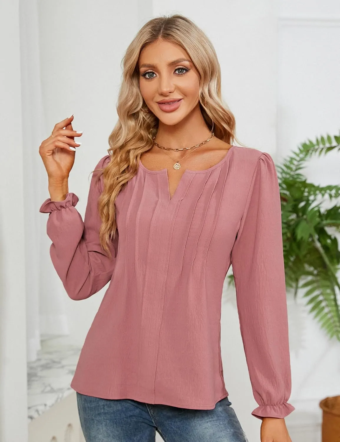 Blooming Jelly Womens Tops Dressy Casual Long Sleeve Shirts V Neck Chiffon Blouses Fall Clothes 2024