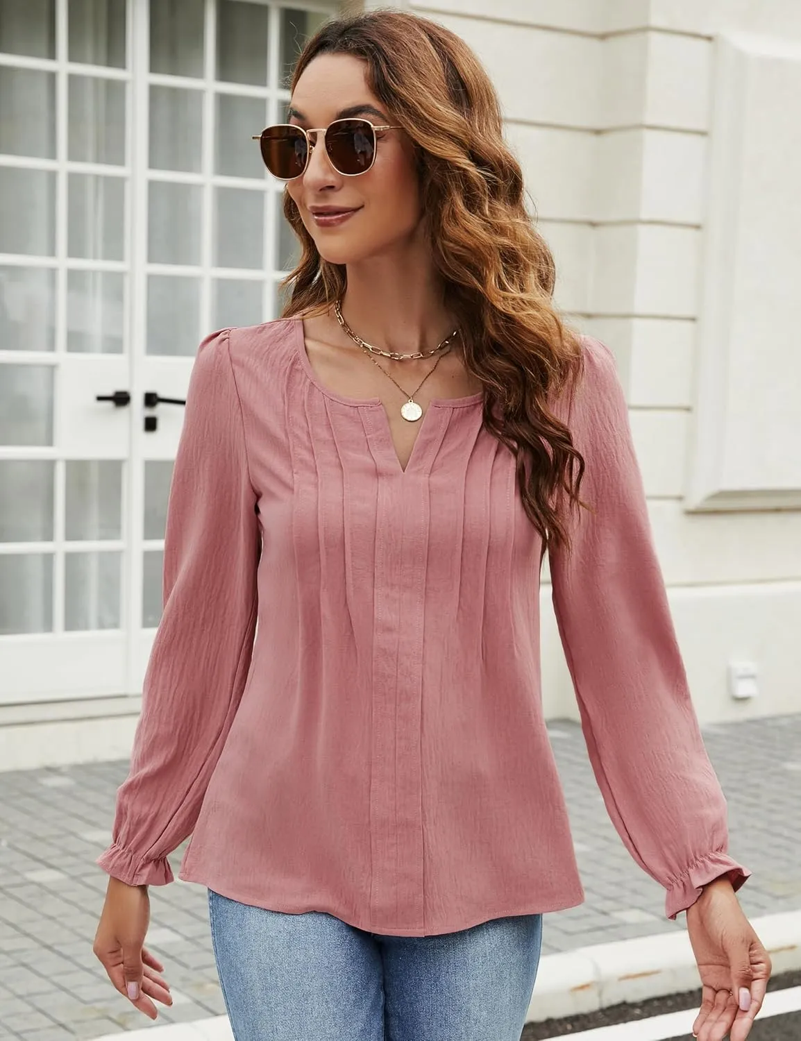 Blooming Jelly Womens Tops Dressy Casual Long Sleeve Shirts V Neck Chiffon Blouses Fall Clothes 2024