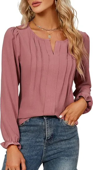 Blooming Jelly Womens Tops Dressy Casual Long Sleeve Shirts V Neck Chiffon Blouses Fall Clothes 2024