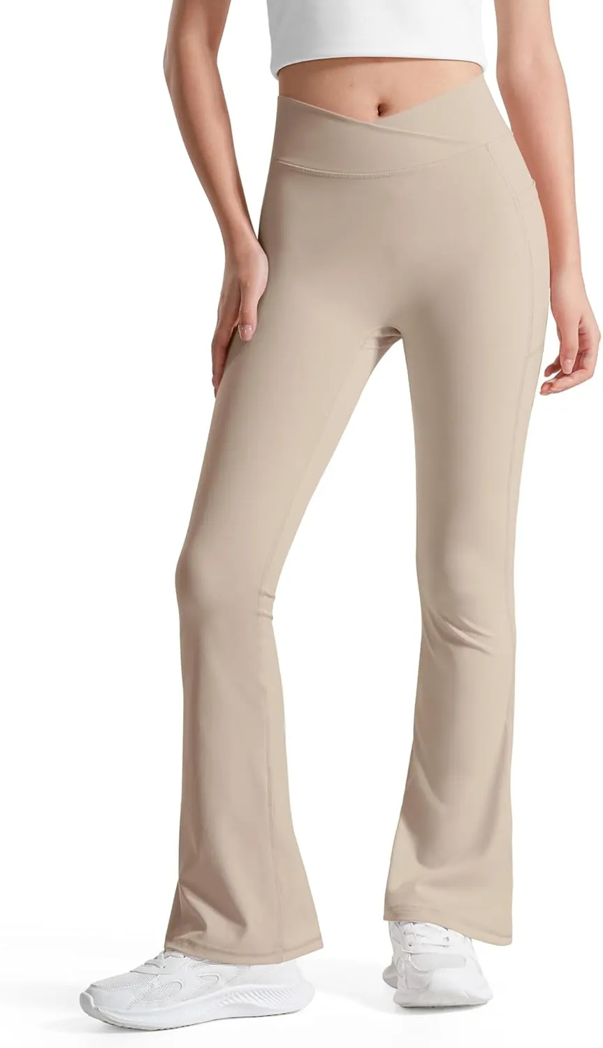 BOOPH Girls Flare Leggings with Pockets Cross-Waist High Waisted Yoga Pants Bell Bottoms Athletic Pants