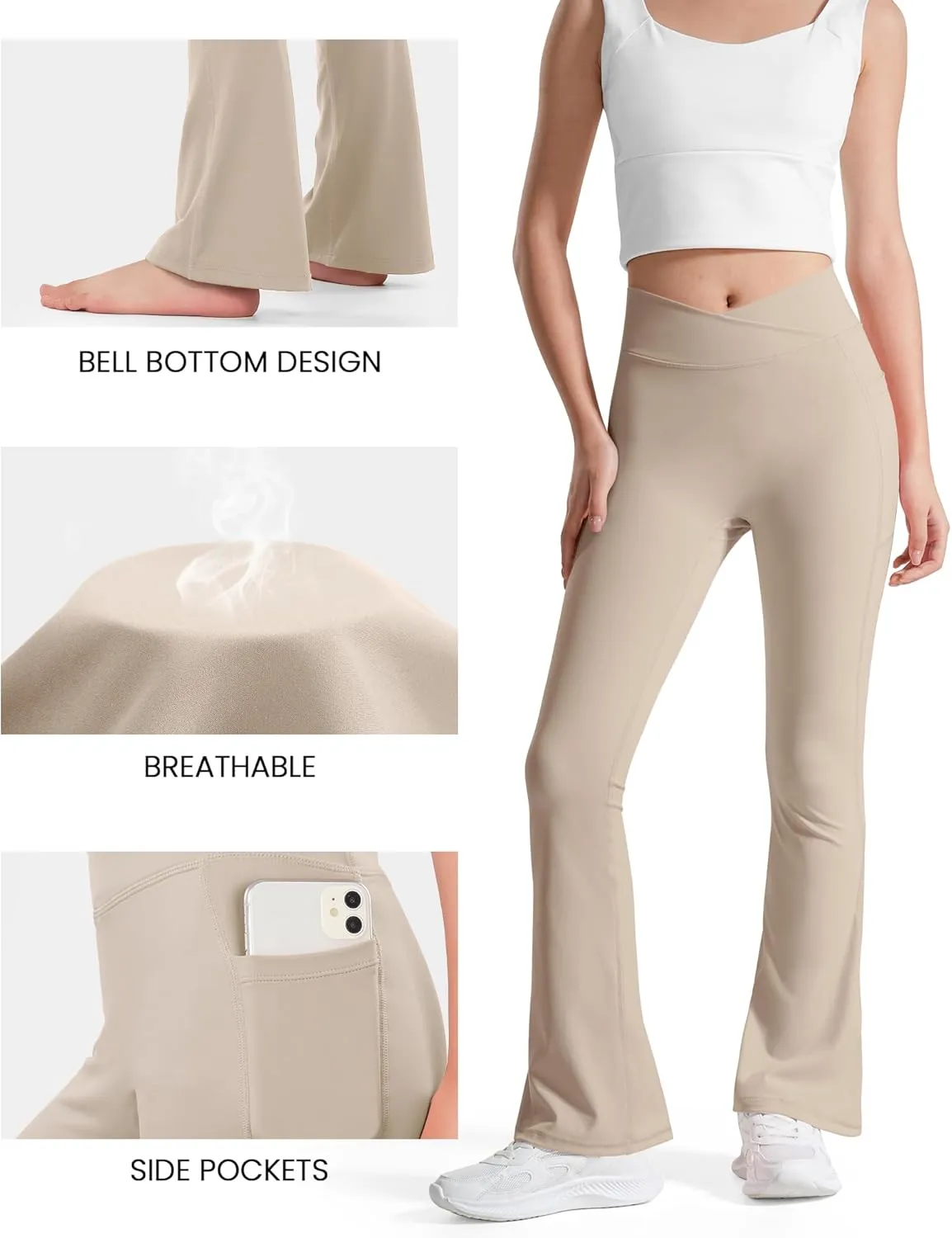 BOOPH Girls Flare Leggings with Pockets Cross-Waist High Waisted Yoga Pants Bell Bottoms Athletic Pants