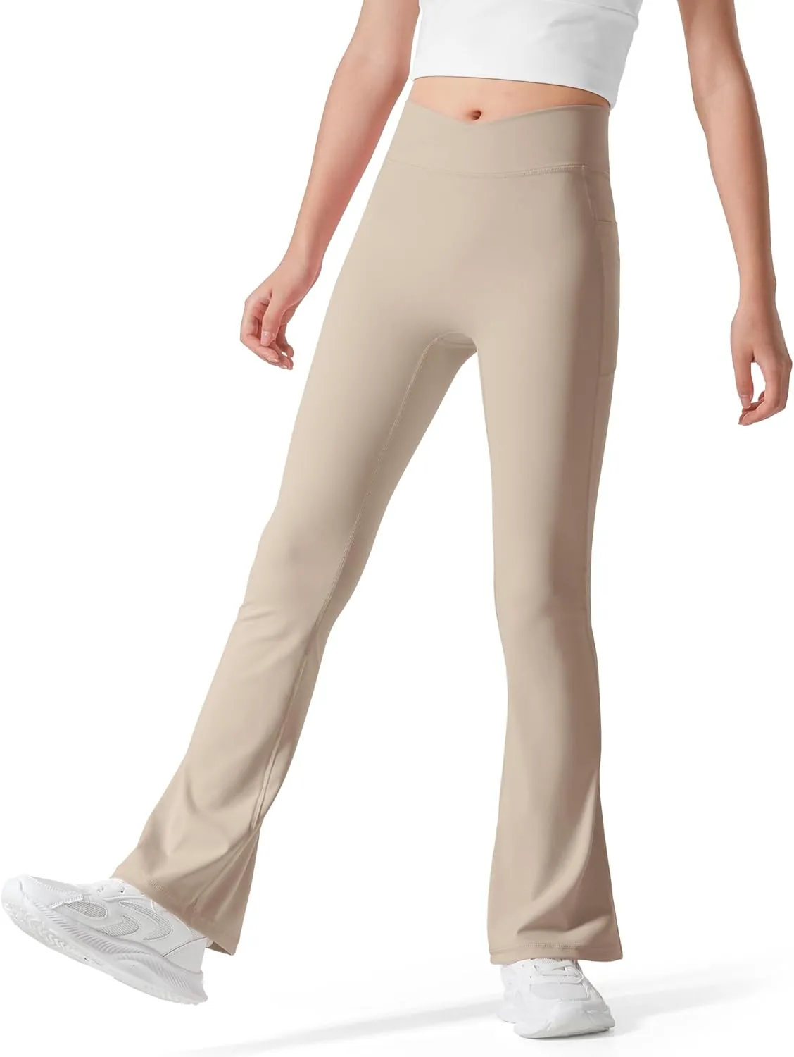 BOOPH Girls Flare Leggings with Pockets Cross-Waist High Waisted Yoga Pants Bell Bottoms Athletic Pants
