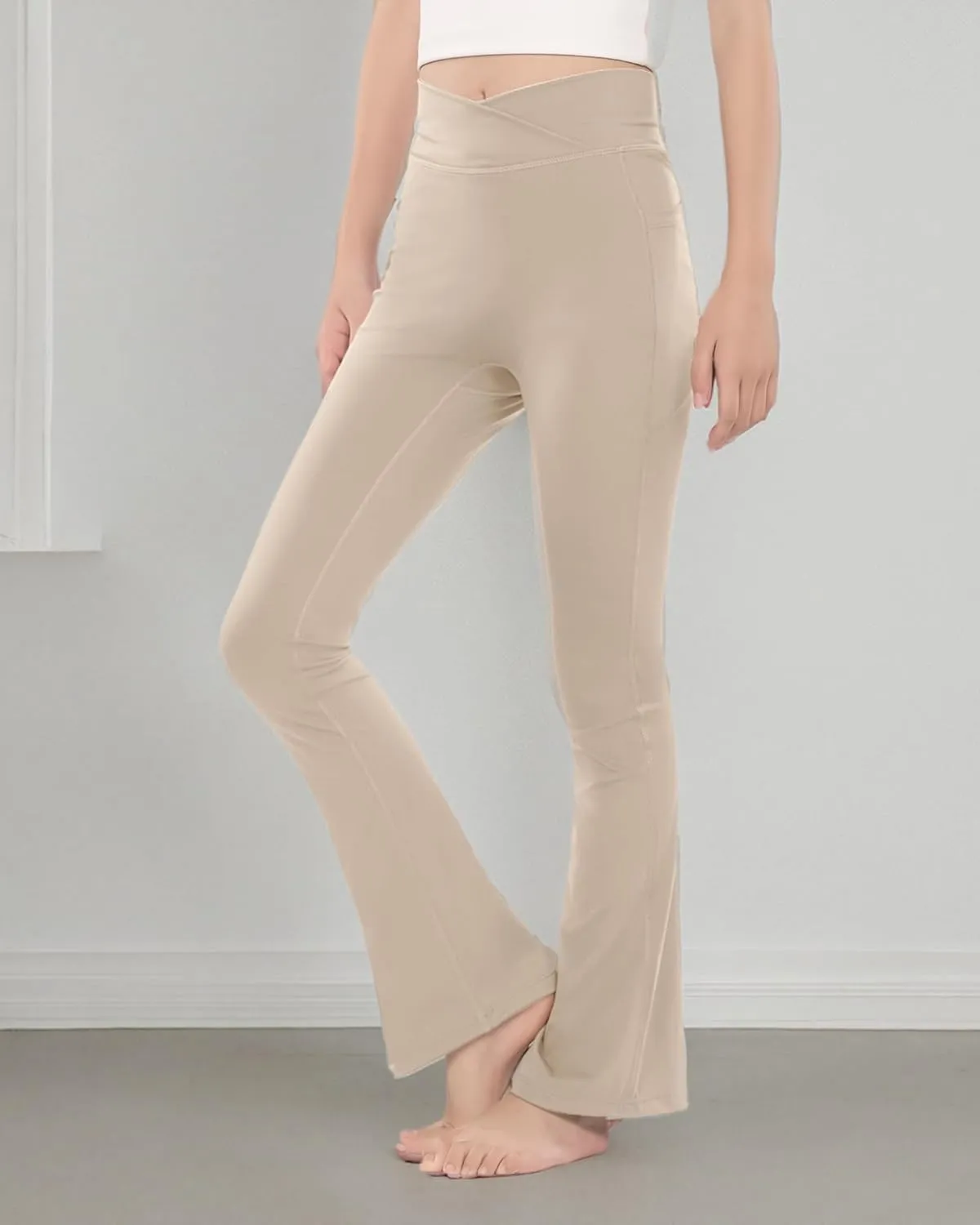 BOOPH Girls Flare Leggings with Pockets Cross-Waist High Waisted Yoga Pants Bell Bottoms Athletic Pants
