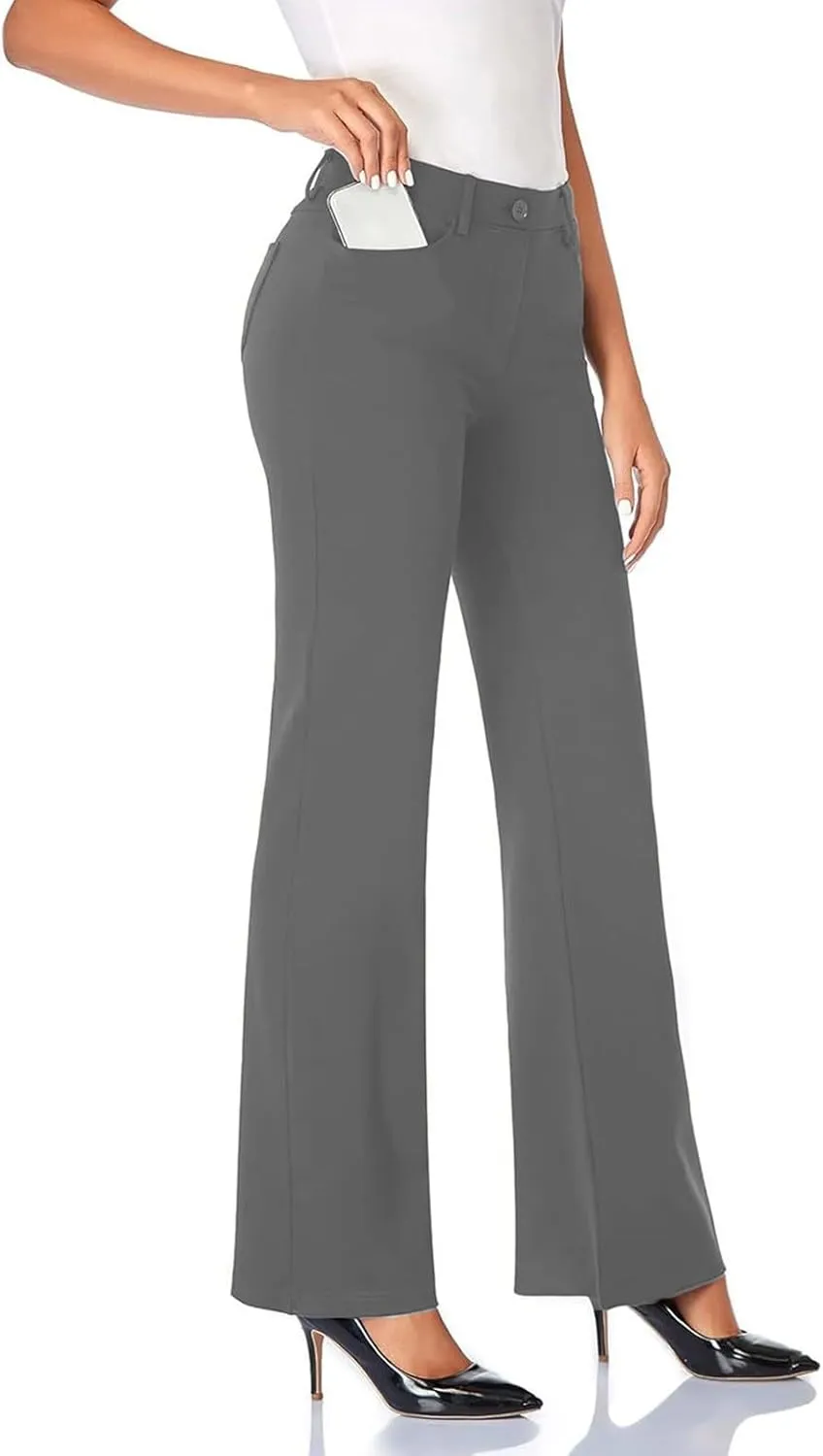 Bootcut Dress Pants for Women Solid High Waisted Straight Pant Regular Business Casual Work Trousers with Pockets