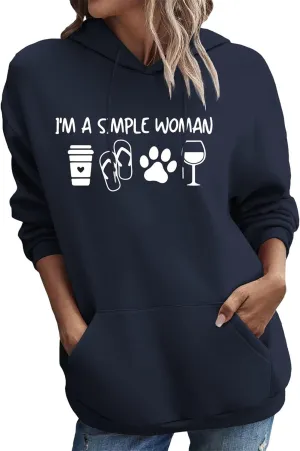 BOYRMSLGY Womens Casual Hoodies I'm A Simple Woman Shirts Coffee Dog Beach Wine Graphic Graphic Printed Drawstring Sweatshirt