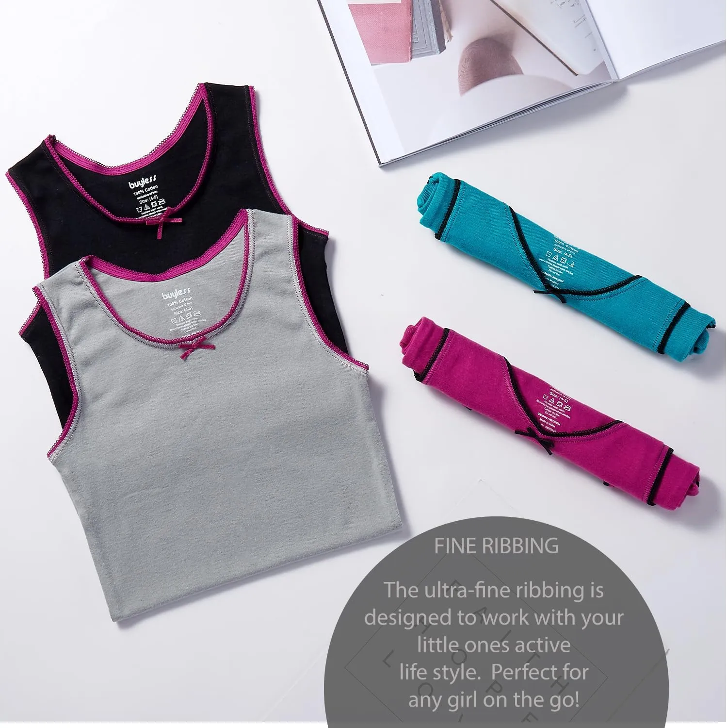 Buyless Fashion Tank Tops for Girls- Sleeveless Cami Tanks Cotton Undershirts for Dance Gymnastics Kids Toddler Size (4 Pack)