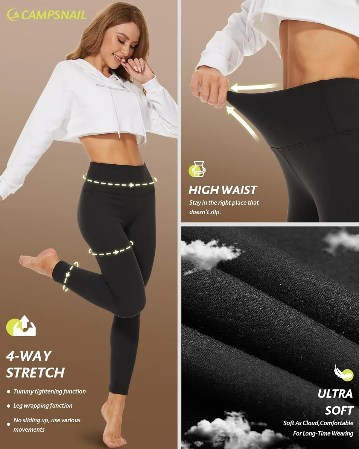 CAMPSNAIL Fleece Lined Leggings Women - Thick Soft High Waisted Black Tummy Control Thermal Warm Velvet Pants for Cold Winter