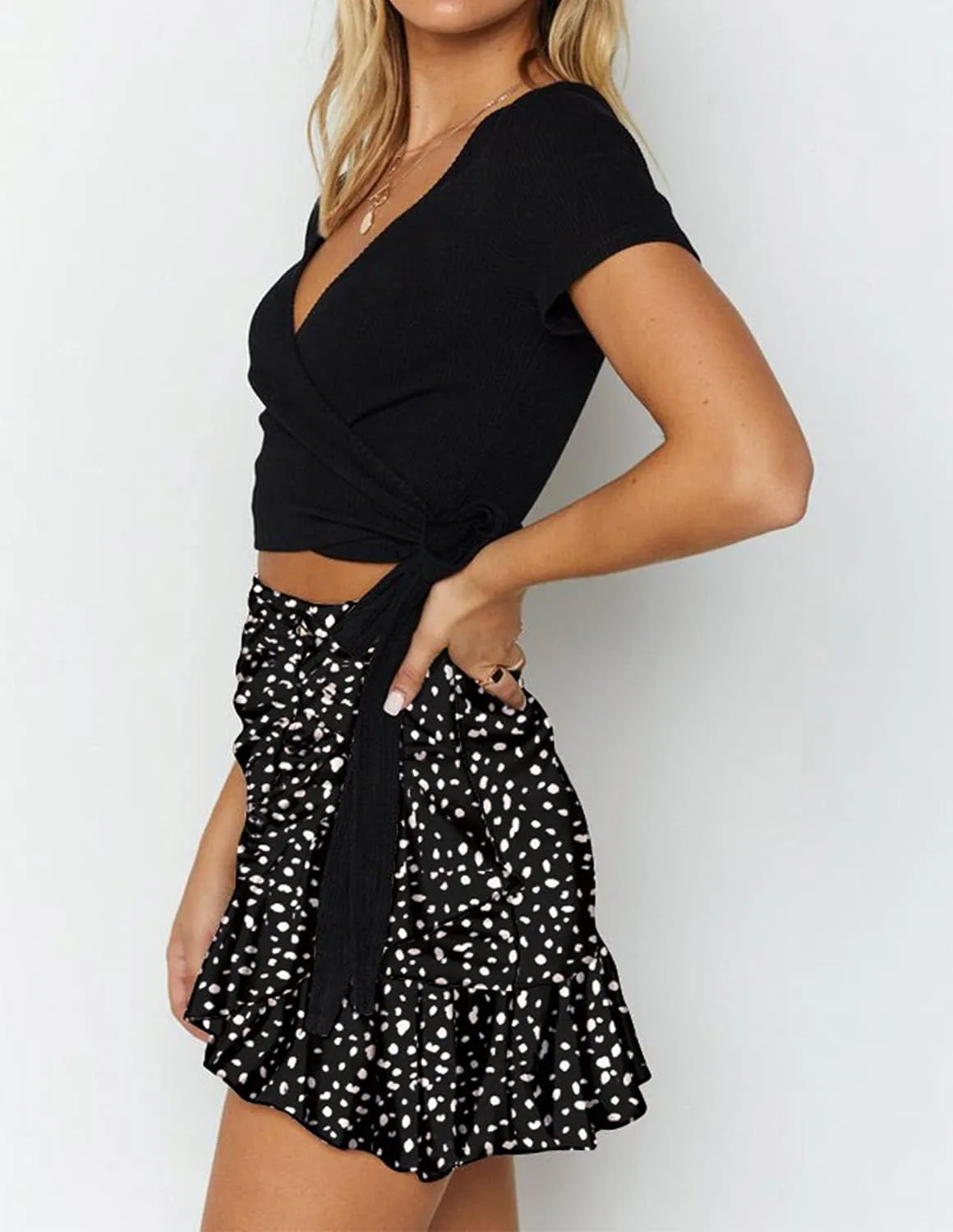 ChainJoy Womens High Waist Ruffle Hem Tie Wrap Skirt Summer Casual A Line Overlap Skirt