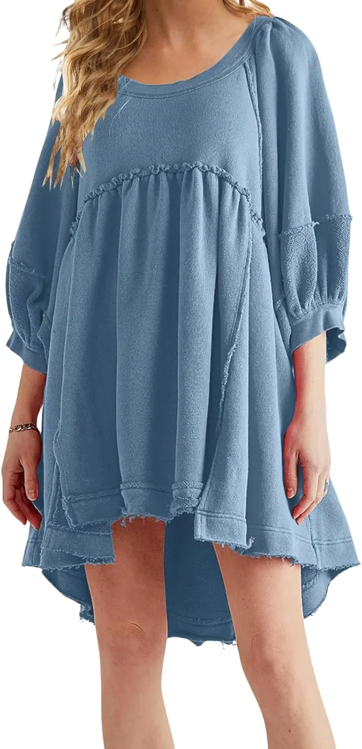 CHARTOU Women's Oversized Hoodies Dress Lantern 3/4 Sleeve Split Hem Dress Sweaters Pullover Y2K Outfit 2024