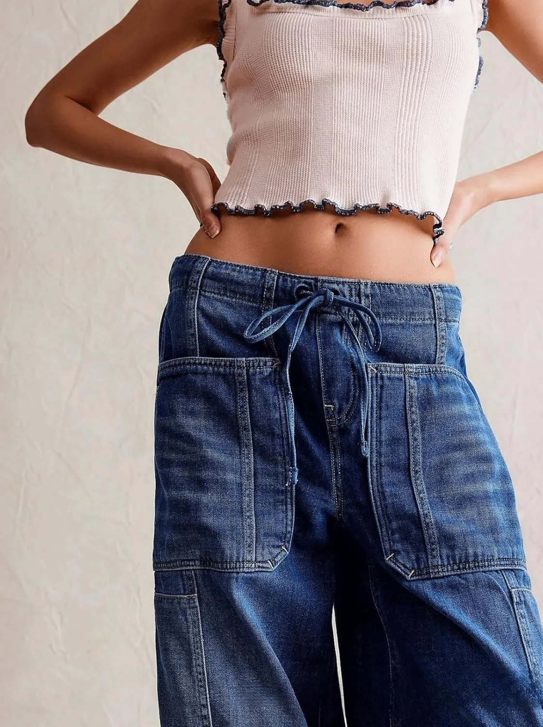CHARTOU Women's Trendy Mid Rise Barrel Jeans Drawstring Boyfriend Denim Pants Harem Y2K Jeans with Pockets
